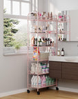 6 Tier Slim Rolling Storage Cart with Wheels, Metal Mobile Shelving Unit Organizer Utility Cart for Office Bathroom Kitchen Laundry Room Narrow Places (Pink 10 Inches)