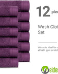 100% Cotton Washcloths Set 13” x 13” | Plum Towels | Set of 12 Ultra Soft and Highly Absorbent Washcloths Sets for Bathroom, Gym, Hotel, Spa | Machine Washable Face Towel