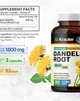 BIO KRAUTER Dandelion Root Capsules - 1800 mg Strength - 250 Count - Dandelion Root Supplement - Vegan Dandelion Powder Capsules for Digestion, Liver Support, Cleansing and Immunity