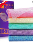 UJFQBH 5 Pieces African Bath Sponge African Net Long Net Bath Sponge Exfoliating Shower Body Scrubber Back Scrubber Skin Smoother,Great for Daily Use (Purple, Pink, Green, Blue, White)