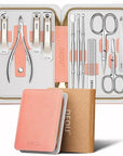 DEOU Professional Nail Set 11 in 1 stainless steel home care nail clippers, men's luxury travel leather storage box, women's beauty kit (Pink)
