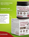 Beef Tallow for Skin – Whipped Tallow and Honey Balm with Grass-Fed Beef Tallow – Organic Daily Tallow Face Moisturizer & Body Balm – Deep Nourishment for Dry, Cracked, Sensitive Skin - 4.3 OZ