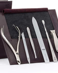 GERMANIKURE 6pc Manicure Set in Dark Purple Leather Case - FINOX Stainless Steel Tools Made in Germany, Glass Nail Care Supplies Made in Czech Republic – Professional Cuticle and Nail Care Kit
