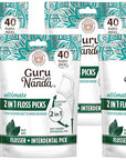 GuruNanda 2 in 1 Dental Floss Picks - Non-Slip Grip Handle, Slide Easy, No Break or Shred Flosser - Complete Oral Care with Interdental Pick for Healthy Teeth & Gums - Mint Flavor, 40 Count (4 Pack)