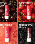 NIVEA Lip Care, Fruity Tinted Lip Balm Variety Pack, Cherry, Strawberry, Blackberry and Watermelon Flavors, 3-in-1 Moisture, Repair and Color, 0.17 Oz Stick, Pack of 4