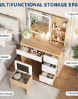 Makeup Vanity Desk with Lighted Mirror, Dressing Table Set with 4 Drawers, Power Outlet, Storage Stool, Storage Shelves, Vanity Mirror 3 Lighting Color Adjustable, Vanity Set for Bedroom, Natural