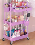 Goovilla Rolling Makeup Organizer Cart with Removable Drawer, 3 Tier Stable Purple Floor Skincare Storage Cart for Vanity, Cosmetic Display, Nail Polish, Perfume, Hair Stuff, Beauty, Bathroom(Plastic)