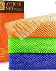 UJFQBH 3 Pieces African Bath Sponge African Net Long Net Bath Sponge Exfoliating Shower Body Scrubber Back Scrubber Skin Smoother,Great for Daily Use (Orange、Blue、Green)