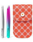 Expert Slant and Point Tip Tweezer Set with Exclusive Travel Case, GlamTweeler Sharp & Precision Tweezer Set for Eyebrows, Facial Hairs & Fine Hairs Removal (Sparkle Purple & Turquoise + Silver)