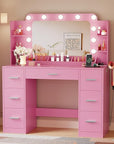 YESHOMY Vanity Desk with Large Lighted Mirror, Power Outlet and 11 Lights, Makeup Table with 7 Drawers and 3 Desktup Storage Units, 3 Color Modes Available for Bedroom, Pink
