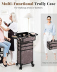 Profesional Rolling Makeup Train Case with Lid, 5 in 1 Cosmetology Case on Wheels, Large Cosmetic Trolley Organizer Travel for Hairstylist Artist Nail Beauty Salon Barber, Brown Ink