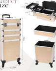 Professional Rolling Makeup Case with Wheels, 5-in-1 Makeup Train Case, Cosmetic Makeup Trolley Cart Travel Cosmetology Case On Wheels with Key for Hairstylists, Nail Tech (Gold Crystal)