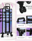 Profesional Rolling Makeup Train Case with Lid, 5 in 1 Cosmetology Case on Wheels, Large Cosmetic Trolley Organizer Travel for Hairstylist Artist Nail Beauty Salon Barber, Gravel Purple