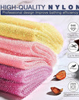 3 Piece Bright Style African exfoliating net Exfoliating Shower Set Long Bath Sponges for Smooth, Refreshed Skin, The Exterior Gleams - Ideal for Daily Use (Bright Yellow, Pink, Purple)