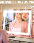 FENNIO Vanity Mirror with Lights 22''x18'' Makeup Mirror with Lights,Lighted Makeup Mirror with 10X Magnification,Smart Touch Screen with 3-Color Lighting,Dimmable(Square Pink)
