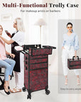 Profesional Rolling Makeup Train Case with Lid, 5 in 1 Cosmetology Case on Wheels, Large Cosmetic Trolley Organizer Travel for Hairstylist Artist Nail Beauty Salon Barber, Red