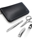 GERMANIKURE 4pc Travel Manicure Set - FINOX Stainless steel tools handmade in Solingen Germany: Nail clipper, Cuticle scissor, Tweezer, Glass Nail file in Leather Case