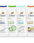 Dove Body Wash Deep Moisture, Sensitive Skin, Cucumber and Green Tea, and Shea Butter & Vanilla Collection 4 Count Skin Cleanser with 24hr Renewing MicroMoisture 20 oz
