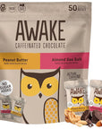AWAKE - Caffeinated Chocolate Bites - Variety Pack (No Sugar Added), 50 Bites - Almond Sea Salt & Peanut Butter Dark Chocolate - 50mg Caffeine - Coffee Alternative - Fairtrade, Gluten Free - 0.48oz