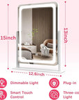 ROLOVE Vanity Mirror with Lights, 12.6"×15" LED Makeup Mirror, Lighted Makeup Mirror with Lights, Smart Touch Control Dimmable 3 Modes Light, Lighted Up Mirror for Makeup Desk, Bedroom, Dressing Room