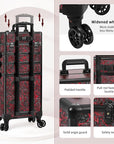 Profesional Rolling Makeup Train Case with Lid, 5 in 1 Cosmetology Case on Wheels, Large Cosmetic Trolley Organizer Travel for Hairstylist Artist Nail Beauty Salon Barber, Red