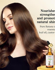 Rosemary hair oil, containing castor oil, batana oil, peppermint oil, promotes hair growth and prevents hair loss in men and women