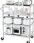 Finnhomy 4 Tier Heavy Duty Commercial Grade Rolling Cart with Handle Bar, Metal Wire Utility Cart with Wheels, Kitchen Service Trolley on Wheels, Shelf Size 18" D x 36" W, NSF, Chrome
