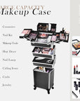 5 in 1 Professional Makeup Train Case Aluminum Cosmetic Case Rolling Makeup Case ExtraLarge Storage Organizer with Key Swivel Wheels Salon Barber Case for Make Up Nail Hairstylists, Black