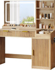 YITAHOME Large Makeup Vanity Desk with Mirror and Lights, Fluted Vanity Table with 2 Drawers & Adjustable Shelves, Makeup Mirror in 3 Modes Lighting, Dressing Table Set w/Charging Station, Oak