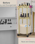 3-Tier Rolling Makeup Organizer Cart with Hair Dryer Holder - Salon-Grade Cosmetic Organizer, Mobile Bathroom Storage Cart for Skincare, Makeup Essentials -Locking Wheels (Gold Finish)