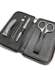 GERMANIKURE 4pc Travel Manicure Set - FINOX Stainless steel tools handmade in Solingen Germany: Nail clipper, Cuticle scissor, Tweezer, Glass Nail file in Leather Case