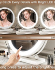 ROLOVE 13 Inch Vanity Mirror with Lights, Round Make Up Mirror with Lighting, LED Mirror Makeup Mirror with Lights for Bedroom Tabletop, Smart Touch Control, 360° Rotation (White)
