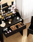 LIKIMIO Small Makeup Vanity Desk with Mirror and Lights, Vanity Table Set with Storage Drawer, Chair and Three Shelves, Bedroom, Black
