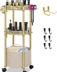 3-Tier Rolling Makeup Organizer Cart with Hair Dryer Holder - Salon-Grade Cosmetic Organizer, Mobile Bathroom Storage Cart for Skincare, Makeup Essentials -Locking Wheels (Gold Finish)