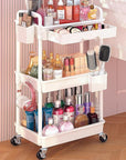 Goovilla Rolling Makeup Organizer Cart with Removable Drawer, 3 Tier Stable White Floor Skincare Storage Cart for Vanity, Cosmetic Display, Nail Polish, Perfume, Hair Stuff, Beauty, Bathroom(Plastic)