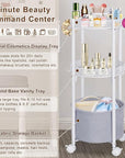 Rolling Makeup Cart Organizer with Removable Hair Dryer Holder, 3 Tier Round Floor Makeup Organizer with Wheels for Cosmetic, Perfume, Nail Polish, Small Space Bathroom Storage Cart, White