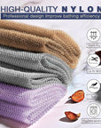 UJFQBH 3 Pieces African exfoliating net African Net Long Net Bath Sponge Exfoliating Shower Body Scrubber Back Scrubber Skin Smoother,Great for Daily Use (Purple、Gray、Brown)