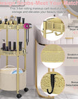 3-Tier Rolling Makeup Organizer Cart with Hair Dryer Holder - Salon-Grade Cosmetic Organizer, Mobile Bathroom Storage Cart for Skincare, Makeup Essentials -Locking Wheels (Gold Finish)