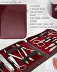 3 Swords Germany - brand quality 12 piece manicure pedicure grooming kit set for professional finger & toe nail care with burgundy synthetic leather case - Made in Germany