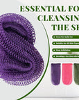 African Net Sponge Authentic, 3 Pieces Exfoliating Scrubber Bath Sponge for All Skin Types, Back Scrubber Loofah Washcloth for Shower, Gentle Exfoliation, Gift 1 Travel Bag (Purple, Pink, Dark Green)