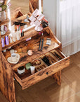 LIKIMIO Small Makeup Vanity Desk with Mirror and Lights, Vanity Table Set with Storage Drawer, Chair and Three Shelves, Bedroom, Vintage Brown