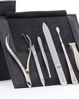 GERMANIKURE 6pc Manicure Set in Black Leather Case - FINOX Stainless Steel Tools Made in Germany, Glass Nail Care Supplies Made in Czech Republic – Professional Cuticle and Nail Care Kit