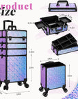 Profesional Rolling Makeup Train Case with Lid, 5 in 1 Cosmetology Case on Wheels, Large Cosmetic Trolley Organizer Travel for Hairstylist Artist Nail Beauty Salon Barber, Gravel Purple