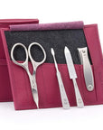 GERMANIKURE 4pc Manicure Set in Magenta Leather Case - Made in Solingen Germany, FINOX Stainless Steel Tools – Professional Quality Compact Nail Grooming Kit
