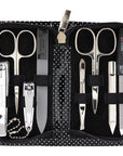 3 Swords Germany - brand quality 8 piece manicure pedicure grooming kit set synthetic leather case black silver spots - Made in Germany