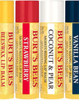 Burt's Bees Lip Balm, Beeswax, Strawberry, Coconut and Pear, and Vanilla Bean Pack, With Responsibly Sourced Beeswax, Tint-Free, Natural Lip Treatment, 4 Tubes, 0.15 oz.