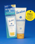 Vacation Classic Sunscreen Lotion SPF 30 + Air Freshener Bundle, Water Resistant Broad Spectrum Sunscreen Sun Block, Vegan Sun Tanning Lotion, Body Lotion with SPF, SPF 30 Sunscreen, 3.4 Fl. Oz.