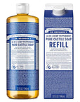 Dr. Bronner's Pure-Castile Liquid Soap Bottle & Refill Carton - Made with Regenerative Organic Certified Oils, 82% Less Plastic-18-in-1 Uses for Face, Body Wash, Hand Soap Refill- Peppermint, 32oz