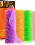 UJFQBH 4 Pieces African Net Sponge African Net Long Net Bath Sponge Exfoliating Shower Body Scrubber Back Scrubber Skin Smoother,Great for Daily Use (Purple, Orange, Green, Pink)