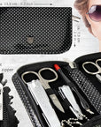 3 Swords Germany – brand quality 8 piece manicure pedicure grooming kit set for professional nail care with synthetic leather case black silver spots - Made in Germany